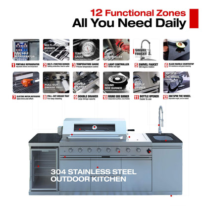 Castelle Flame Capri 96-Inch 6-Burner 85000 BTU Outdoor Kitchen Liquid Propane Grill Island with Fridge