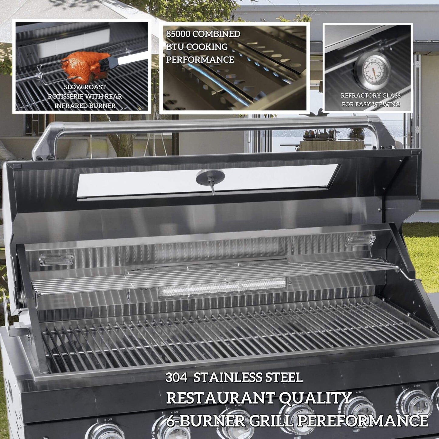 Castelle Flame Capri 96-Inch 6-Burner 85000 BTU Outdoor Kitchen Liquid Propane Grill Island with Fridge
