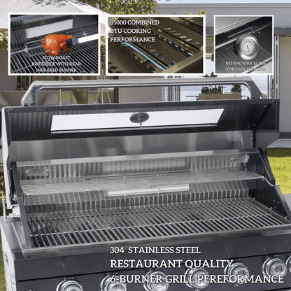 Castelle Flame Capri 96-Inch 6-Burner 85000 BTU Outdoor Kitchen Liquid Propane Grill Island with Fridge