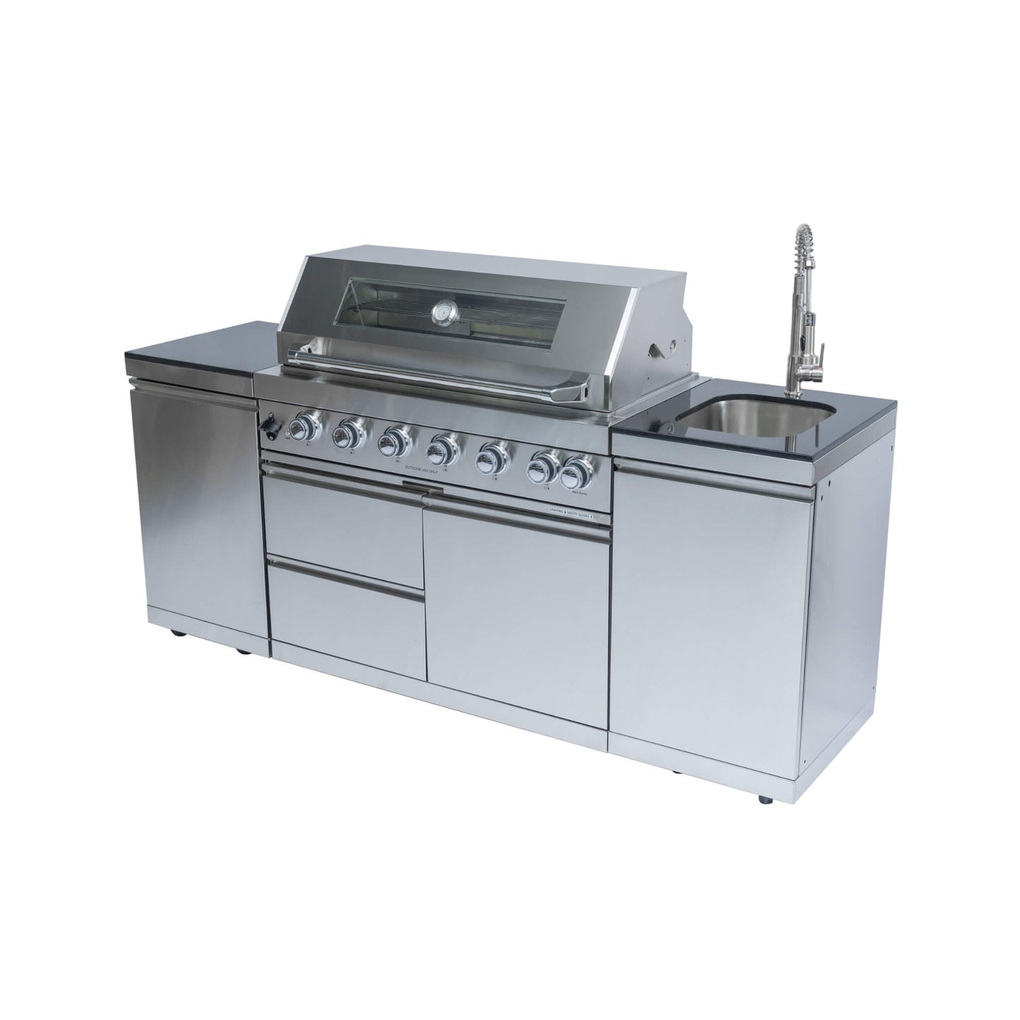 Castelle Flame Granite Outdoor BBQ Kitchen Island with 43-Inch 6-Burner Gas Grill, Rotisserie Kit, Cabinets, and Sink