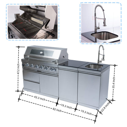 Castelle Flame Granite Outdoor BBQ Kitchen Island with 43-Inch 6-Burner Gas Grill, Rotisserie Kit, Cabinets, and Sink