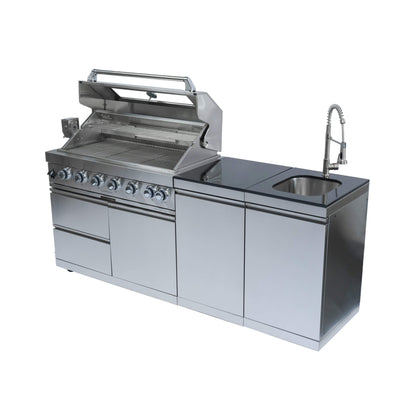 Castelle Flame Granite Outdoor BBQ Kitchen Island with 43-Inch 6-Burner Gas Grill, Rotisserie Kit, Cabinets, and Sink