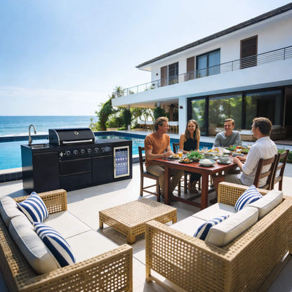 Castelle Flame Monarch 4-Burner 72000 BTU BBQ Island with Fridge and Sink