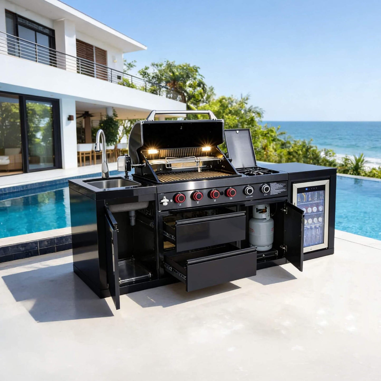 Castelle Flame Monarch 4-Burner 72000 BTU BBQ Island with Fridge and Sink
