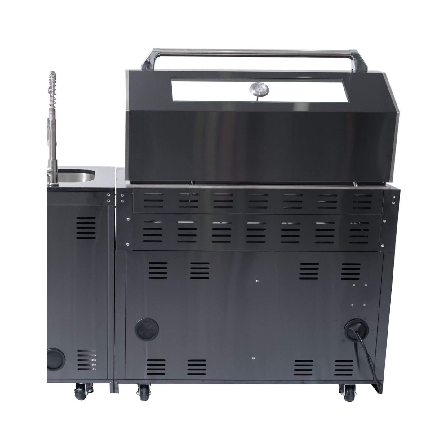Castelle Flame Premium Black Stainless Steel 6-Burner Gas Grill Kitchen Island with Rotisserie Kit