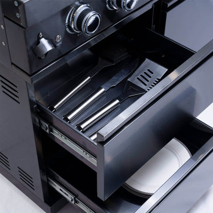 Castelle Flame Premium Black Stainless Steel 6-Burner Gas Grill Kitchen Island with Rotisserie Kit