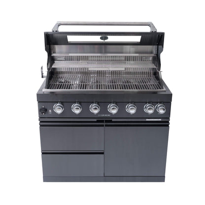 Castelle Flame Premium Black Stainless Steel 6-Burner Gas Grill Kitchen Island with Rotisserie Kit