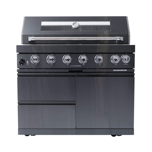 Castelle Flame Premium Black Stainless Steel 6-Burner Gas Grill Kitchen Island with Rotisserie Kit