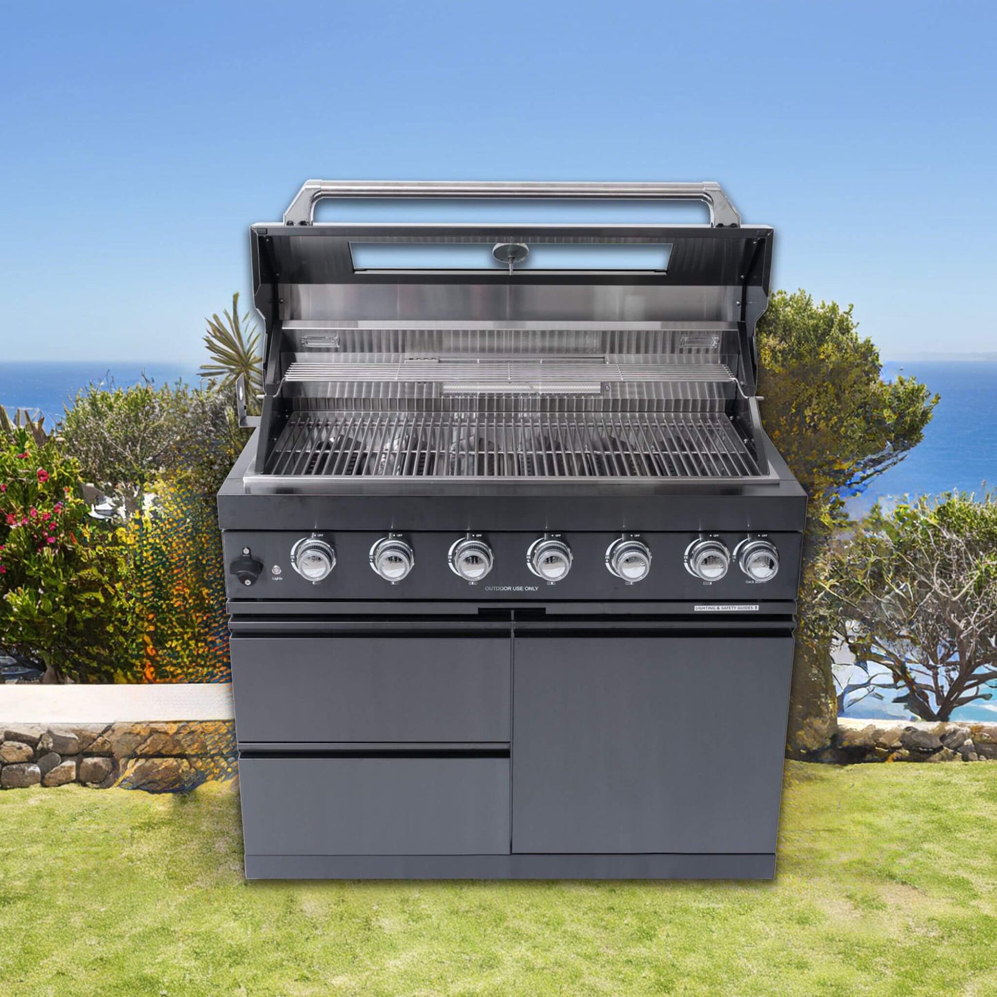 Castelle Flame Premium Black Stainless Steel 6-Burner Gas Grill Kitchen Island with Rotisserie Kit