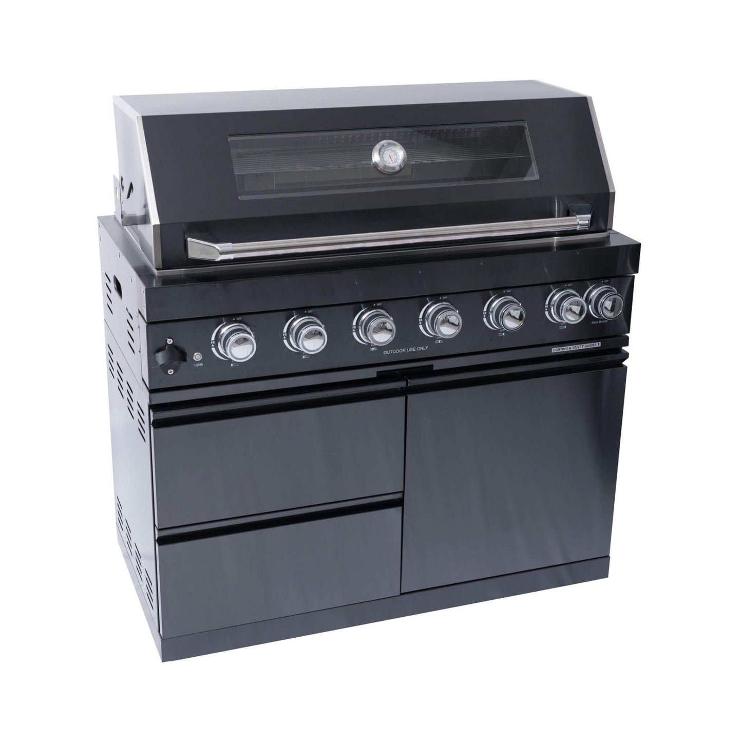 Castelle Flame Premium Black Stainless Steel 6-Burner Gas Grill Kitchen Island with Rotisserie Kit