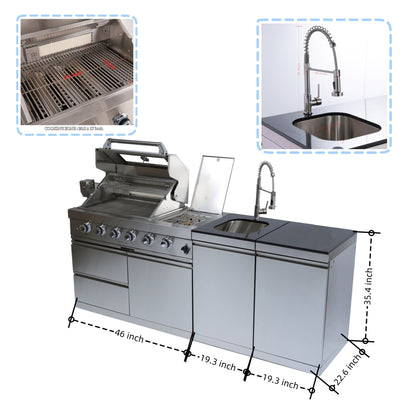 Castelle Flame Stainless Steel Outdoor BBQ Kitchen Island with 46-Inch 4-Burner 85K BTU Grill, Rotisserie Kit, and Cabinets