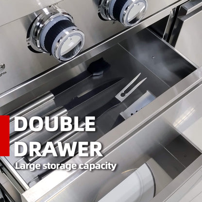 Castelle Flame Stainless Steel Outdoor BBQ Kitchen Island with 46-Inch 4-Burner 85K BTU Grill, Rotisserie Kit, and Cabinets