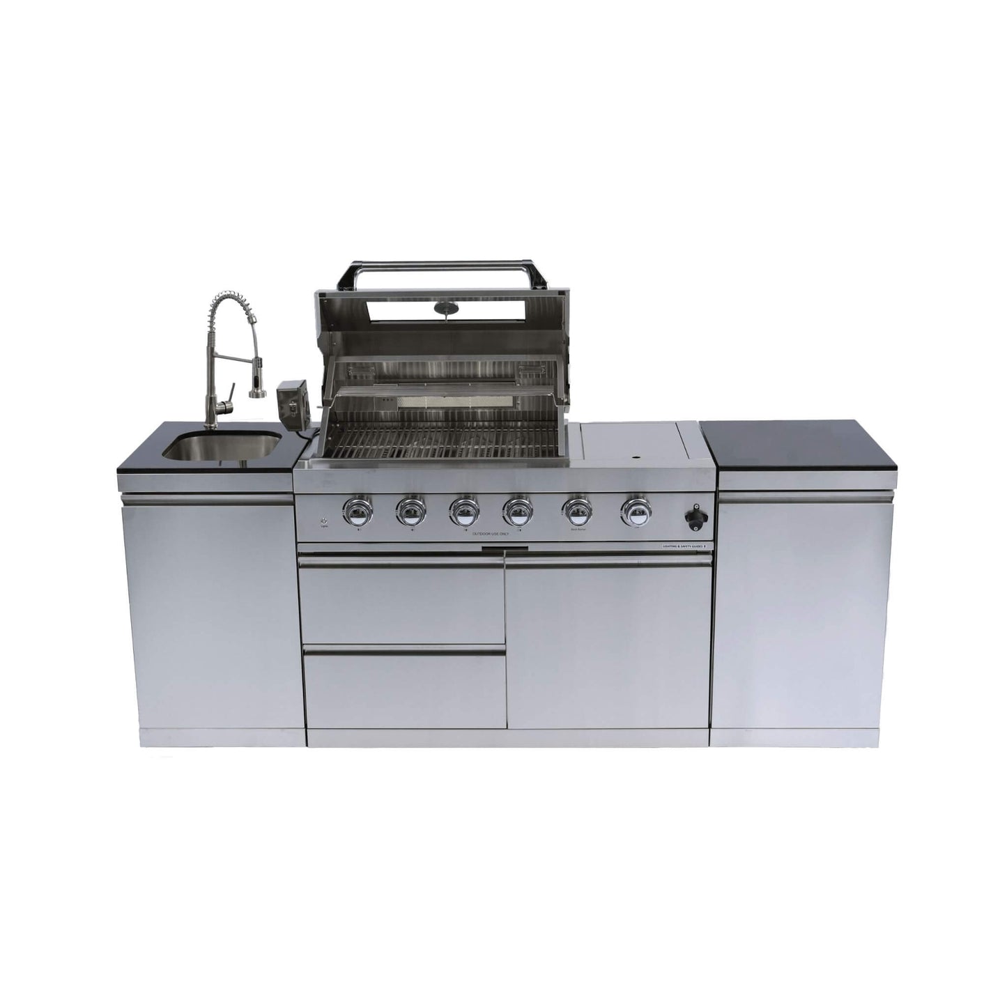 Castelle Flame Stainless Steel Outdoor BBQ Kitchen Island with 46-Inch 4-Burner 85K BTU Grill, Rotisserie Kit, and Cabinets