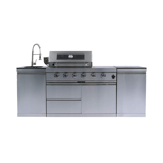 Castelle Flame Stainless Steel Outdoor BBQ Kitchen Island with 46-Inch 4-Burner 85K BTU Grill, Rotisserie Kit, and Cabinets