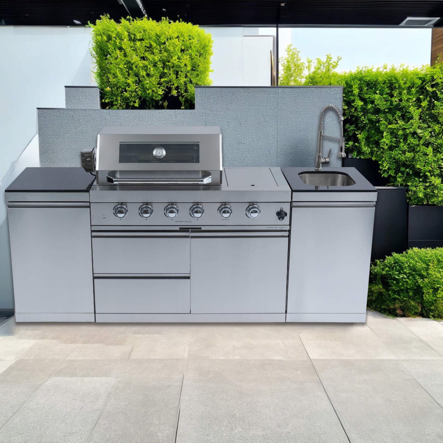 Castelle Flame Stainless Steel Outdoor BBQ Kitchen Island with 46-Inch 4-Burner 85K BTU Grill, Rotisserie Kit, and Cabinets