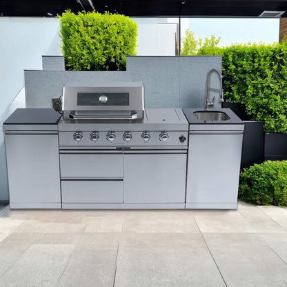 Castelle Flame Stainless Steel Outdoor BBQ Kitchen Island with 46-Inch 4-Burner 85K BTU Grill, Rotisserie Kit, and Cabinets