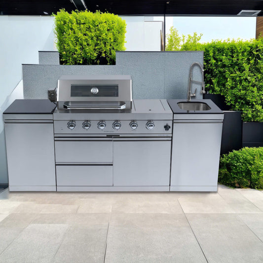 Castelle Flame Stainless Steel Outdoor BBQ Kitchen Island with 46-Inch 4-Burner 85K BTU Grill, Rotisserie Kit, and Cabinets