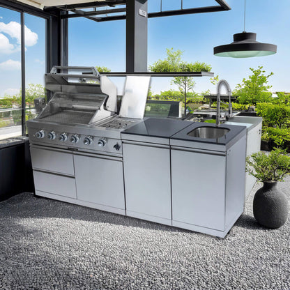 Castelle Flame Stainless Steel Outdoor BBQ Kitchen Island with 46-Inch 4-Burner 85K BTU Grill, Rotisserie Kit, and Cabinets