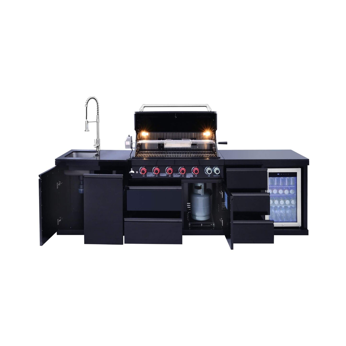 Castelle Flame Summit 6-Burner 85000 BTU BBQ Island with Sink and Fridge