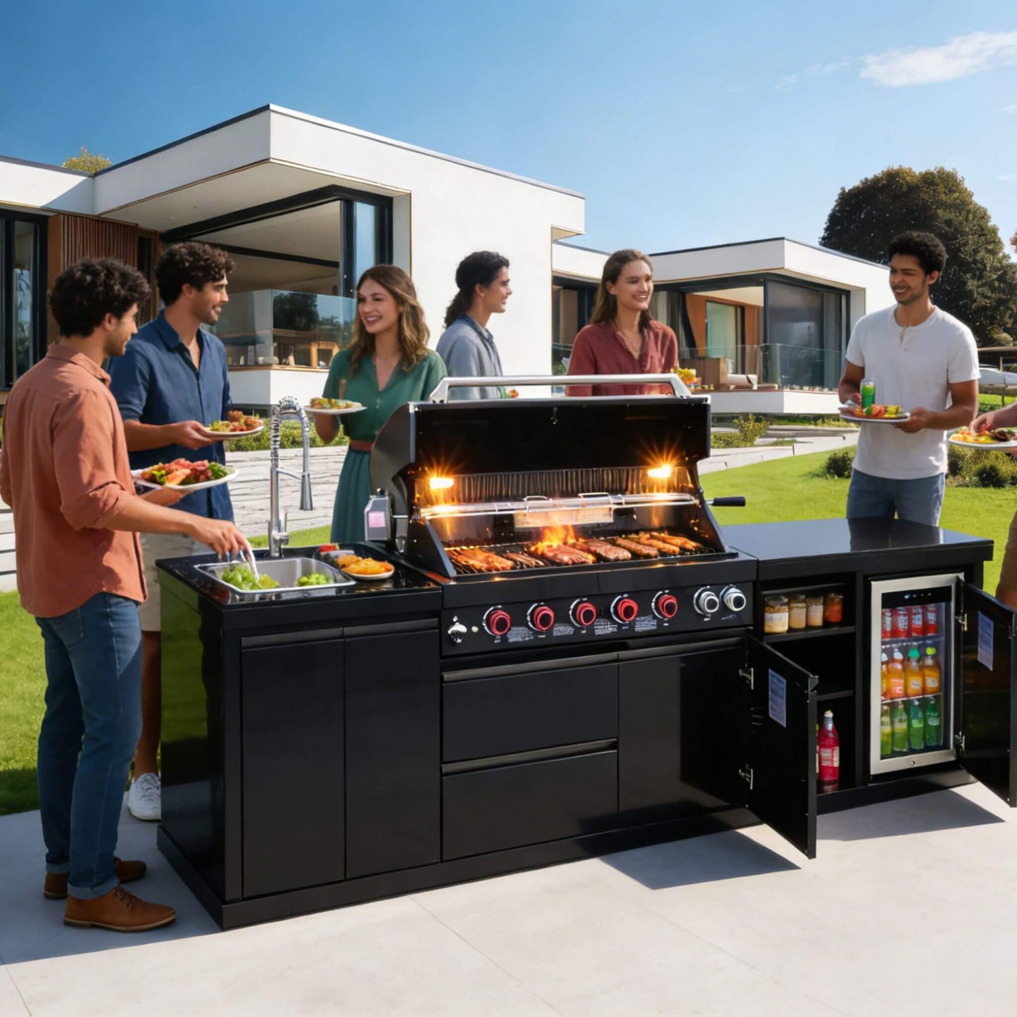 Castelle Flame Summit 6-Burner 85000 BTU BBQ Island with Sink and Fridge