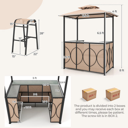 3-Piece Patio Bar Set Grill Gazebo & 2 Bar Stools with Tempered Glass Bar Table - Brown