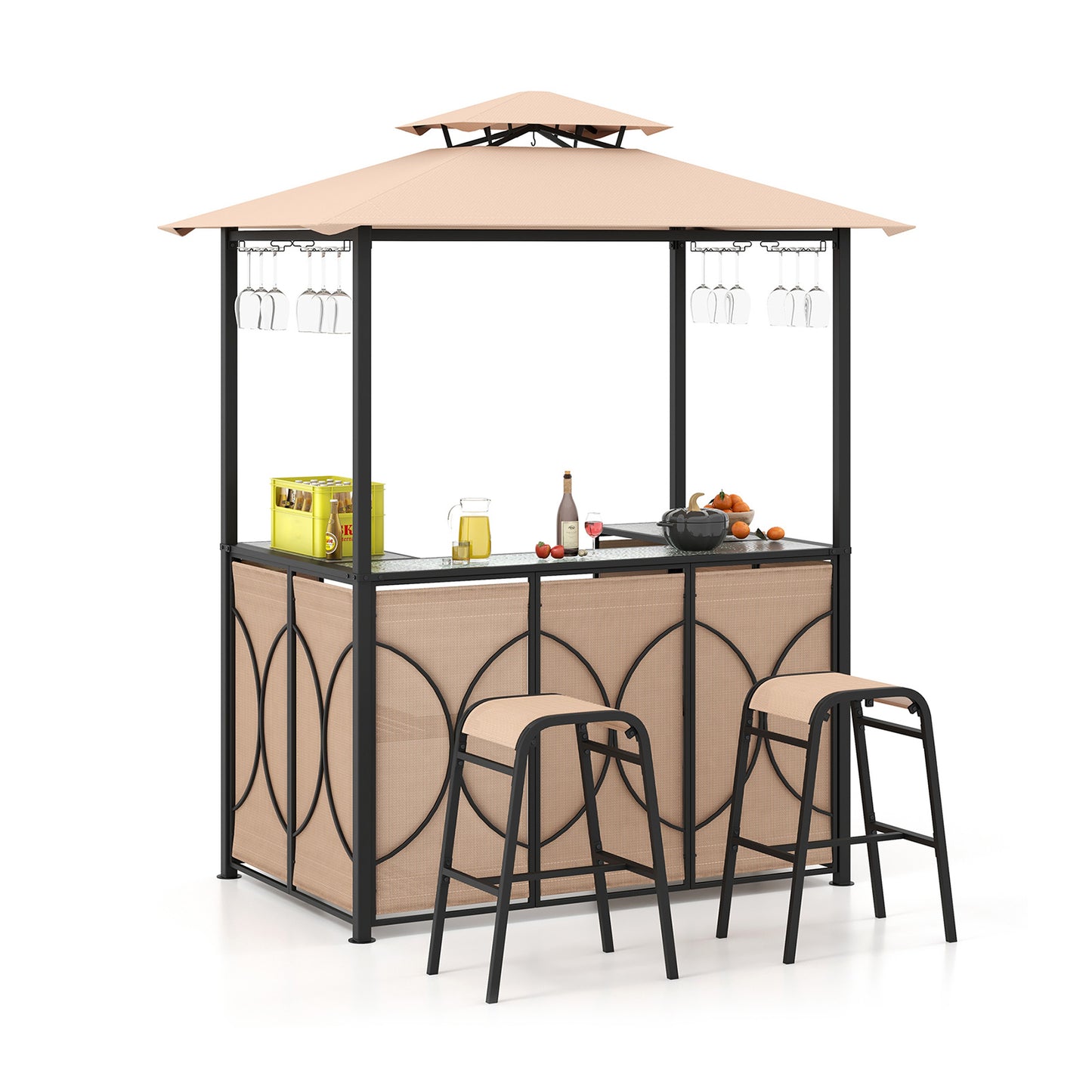3-Piece Patio Bar Set Grill Gazebo & 2 Bar Stools with Tempered Glass Bar Table - Brown