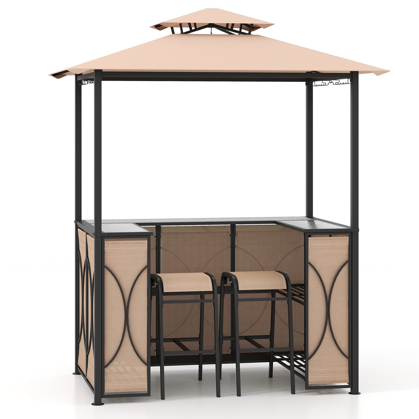 3-Piece Patio Bar Set Grill Gazebo & 2 Bar Stools with Tempered Glass Bar Table - Brown