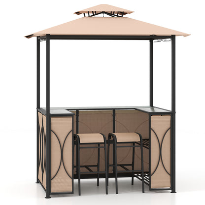 3-Piece Patio Bar Set Grill Gazebo & 2 Bar Stools with Tempered Glass Bar Table - Brown