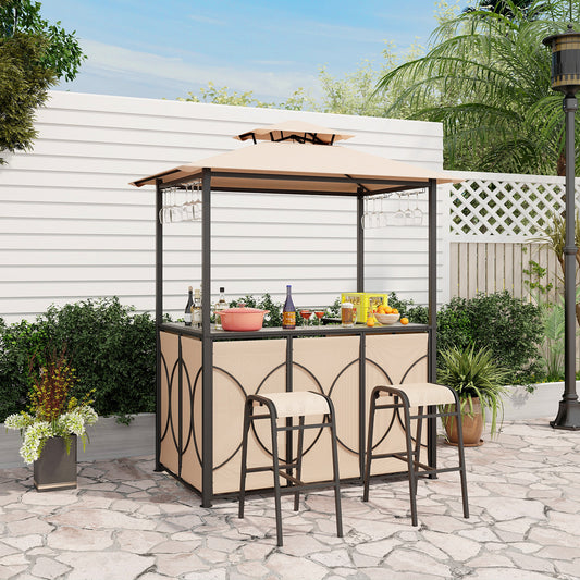 3-Piece Patio Bar Set Grill Gazebo & 2 Bar Stools with Tempered Glass Bar Table - Brown