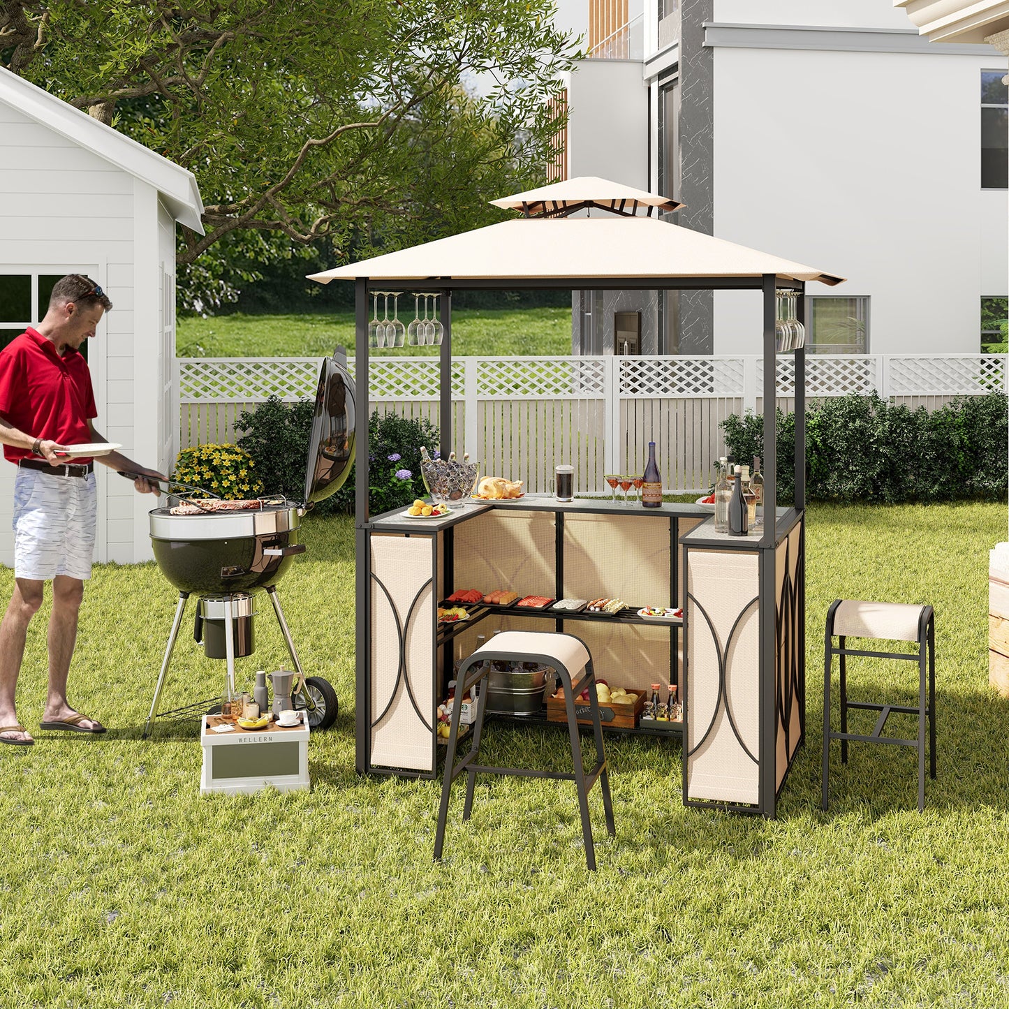 3-Piece Patio Bar Set Grill Gazebo & 2 Bar Stools with Tempered Glass Bar Table - Brown