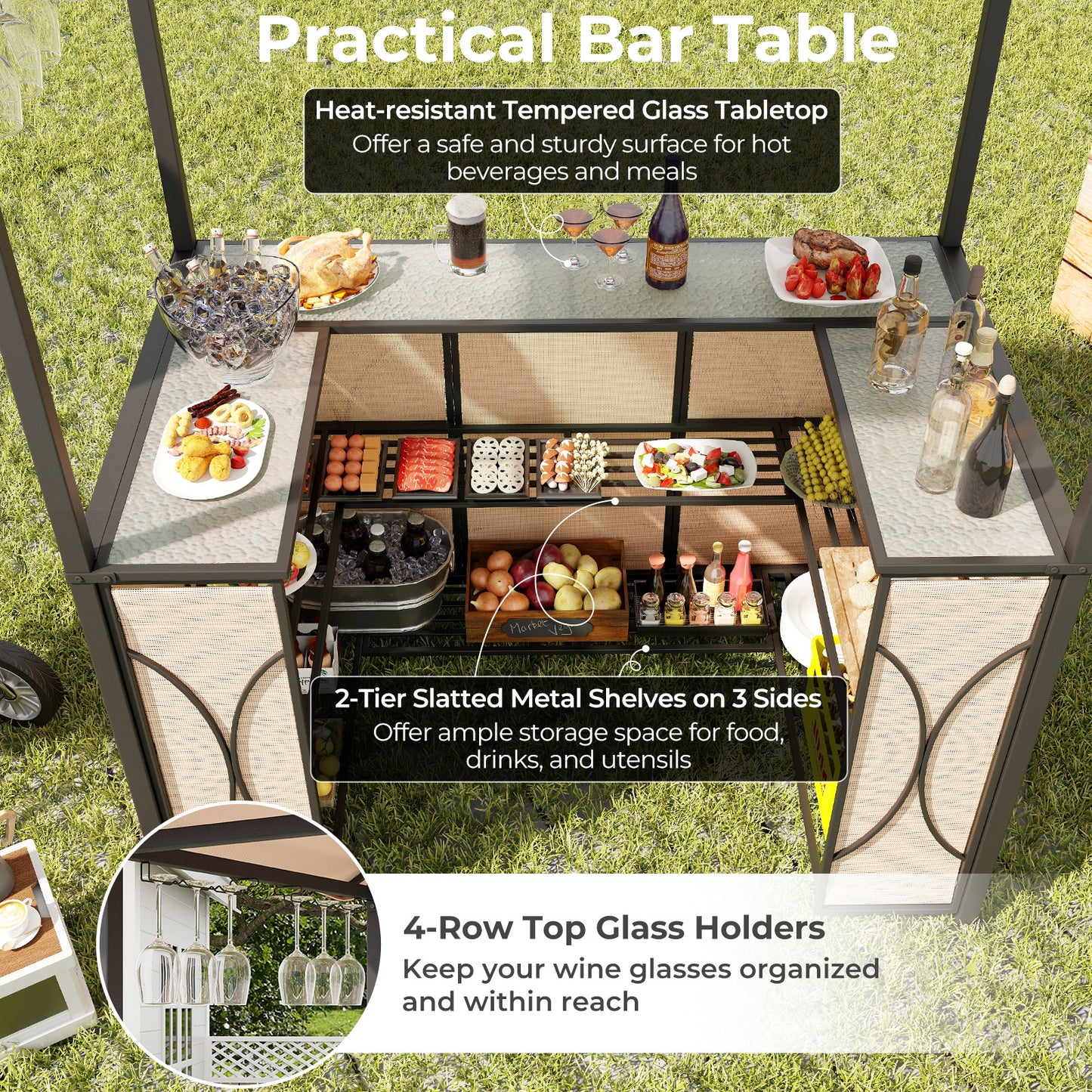 3-Piece Patio Bar Set Grill Gazebo & 2 Bar Stools with Tempered Glass Bar Table - Brown