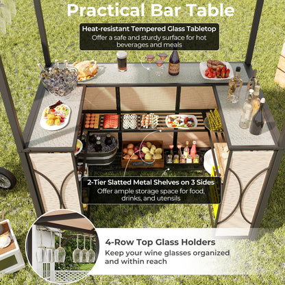 3-Piece Patio Bar Set Grill Gazebo & 2 Bar Stools with Tempered Glass Bar Table - Brown