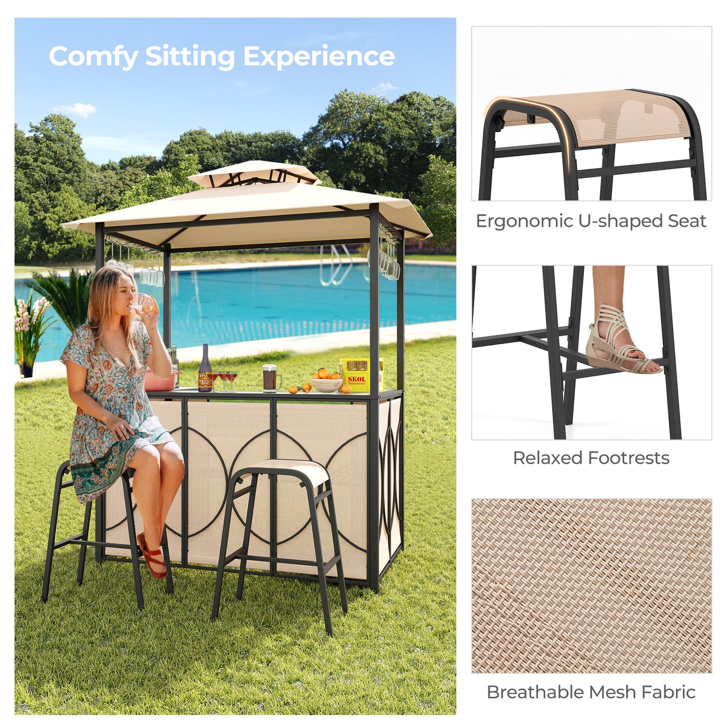 3-Piece Patio Bar Set Grill Gazebo & 2 Bar Stools with Tempered Glass Bar Table - Brown