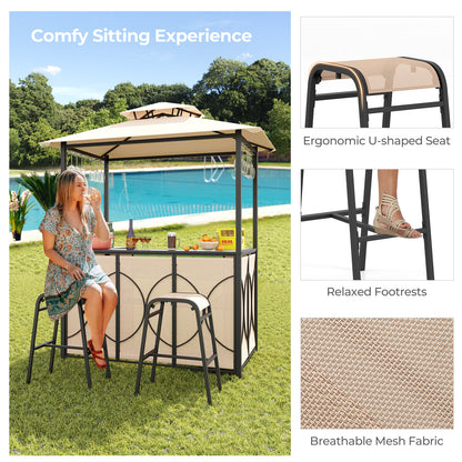 3-Piece Patio Bar Set Grill Gazebo & 2 Bar Stools with Tempered Glass Bar Table - Brown