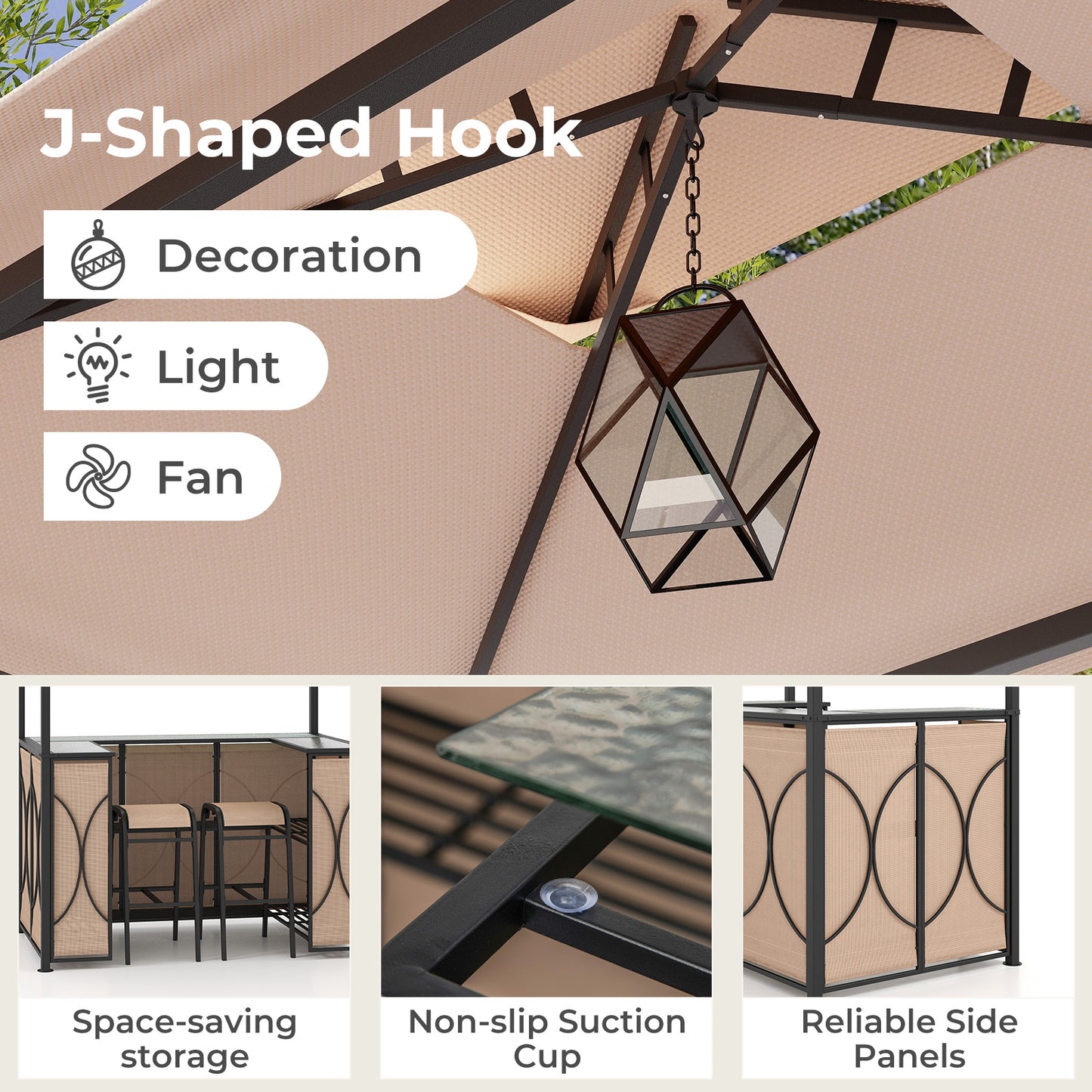 3-Piece Patio Bar Set Grill Gazebo & 2 Bar Stools with Tempered Glass Bar Table - Brown