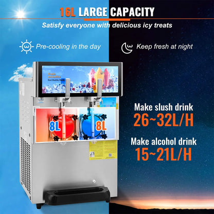 16L Commercial 1155W Double Bowl Stainless Steel Slushy Margarita Machine