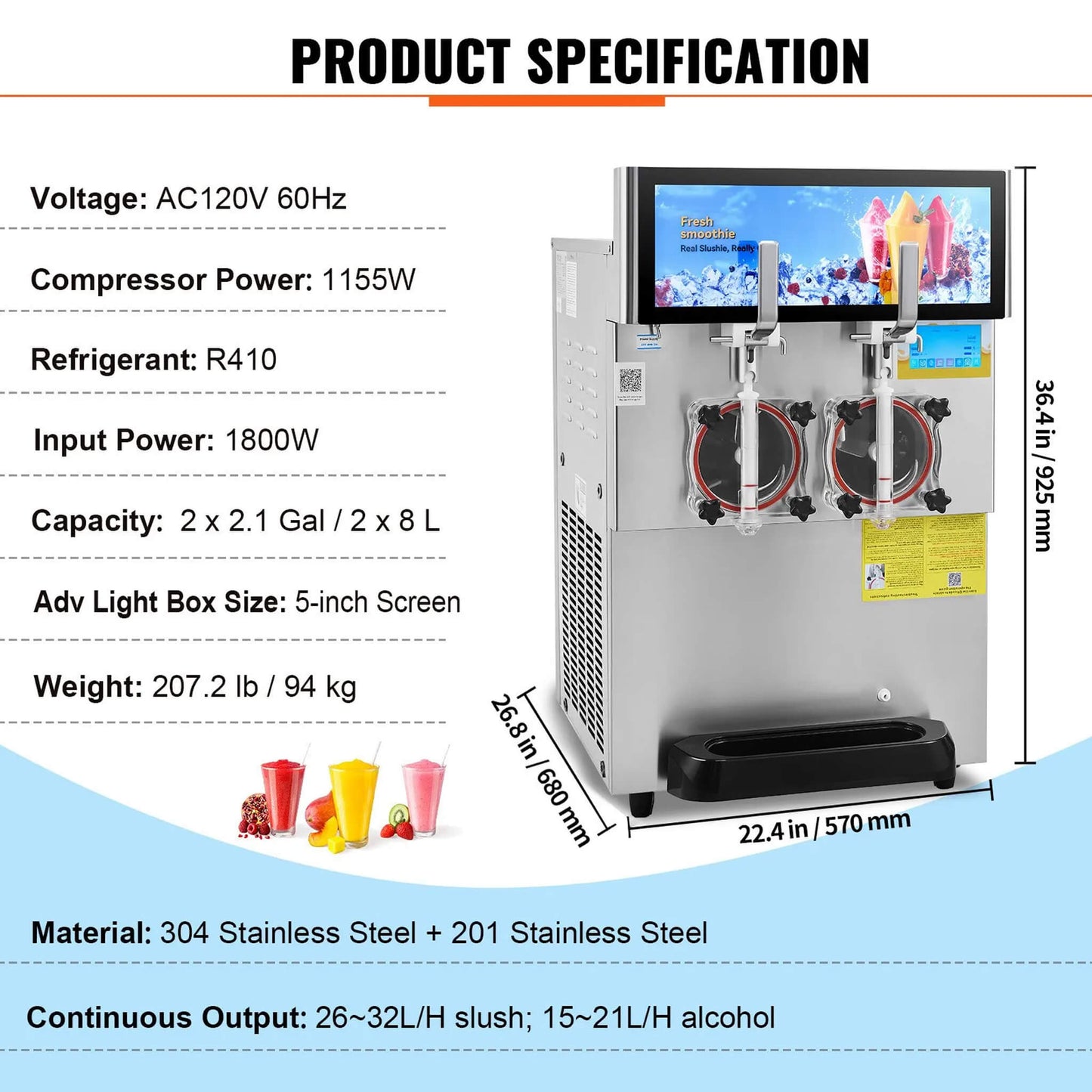 16L Commercial 1155W Double Bowl Stainless Steel Slushy Margarita Machine