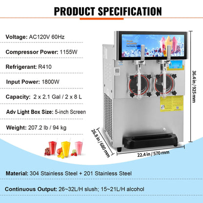 16L Commercial 1155W Double Bowl Stainless Steel Slushy Margarita Machine