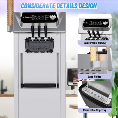 Commercial 2200W 3-Flavor Freestanding Soft Serve Ice Cream Machine with Auto Clean