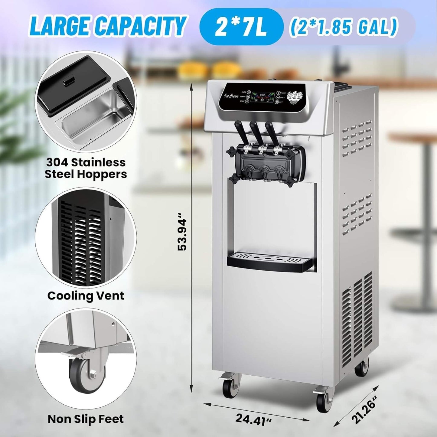 Commercial 2200W 3-Flavor Freestanding Soft Serve Ice Cream Machine with Auto Clean