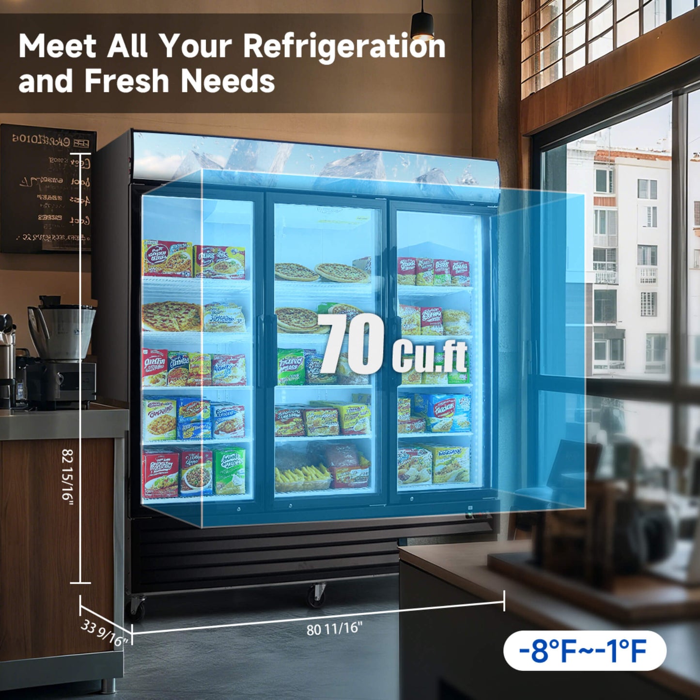 Commercial 70 CU.FT. Reach-In Glass Door Merchandiser Freezer with LED Top Panel and Swing Door