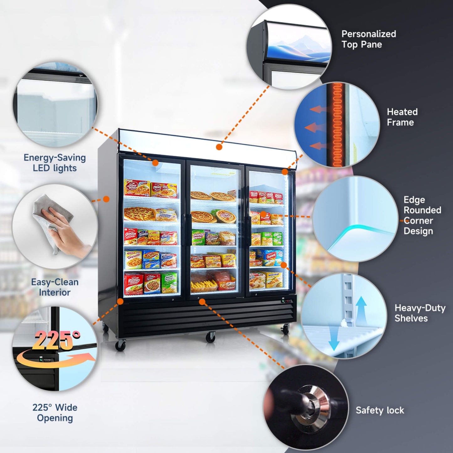 Commercial 70 CU.FT. Reach-In Glass Door Merchandiser Freezer with LED Top Panel and Swing Door