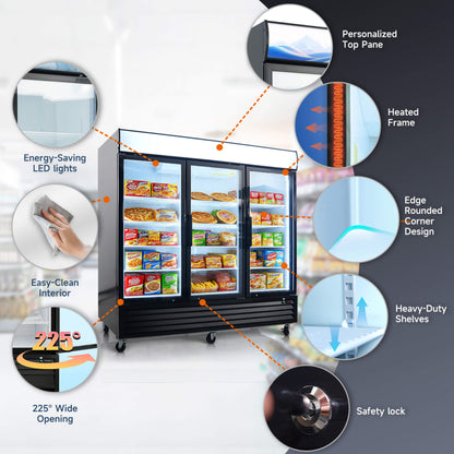 Commercial 70 CU.FT. Reach-In Glass Door Merchandiser Freezer with LED Top Panel and Swing Door