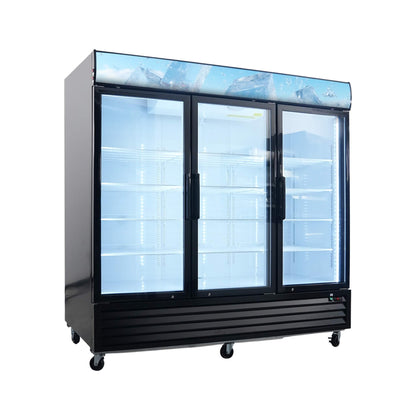 Commercial 70 CU.FT. Reach-In Glass Door Merchandiser Freezer with LED Top Panel and Swing Door