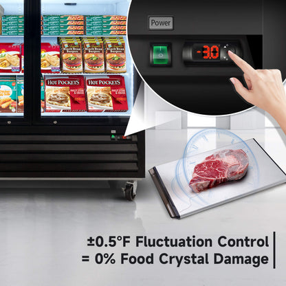 Commercial 70 CU.FT. Reach-In Glass Door Merchandiser Freezer with LED Top Panel and Swing Door