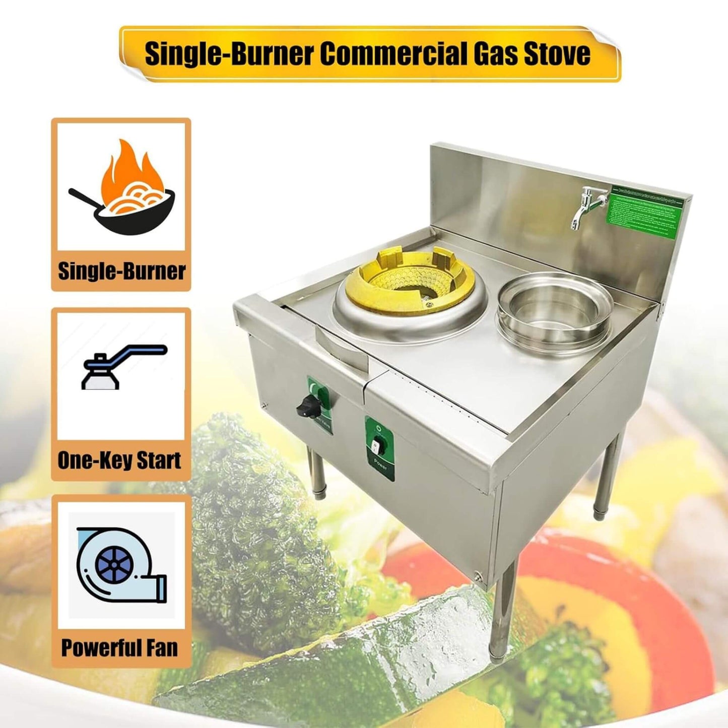 Commercial 85300 BTU Stainless Steel Single-Burner LPG NG Wok Stove