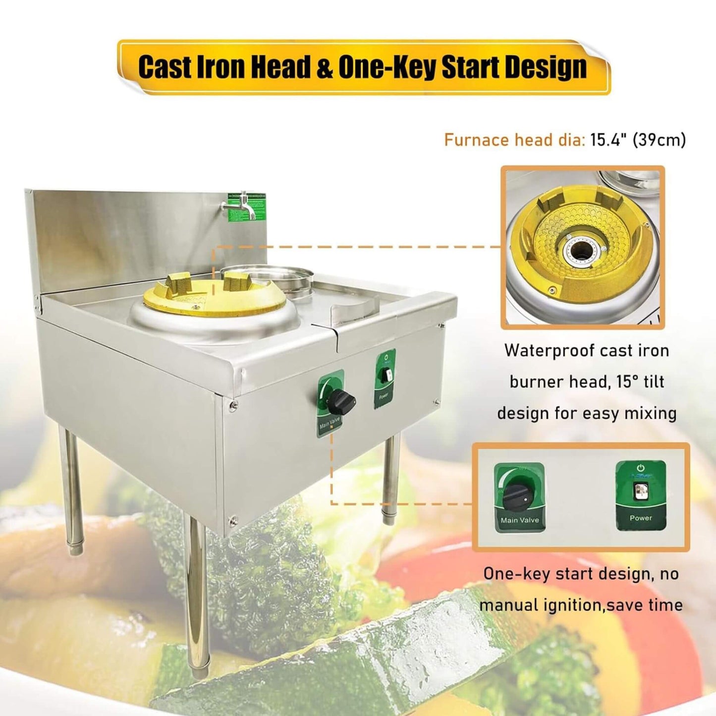 Commercial 85300 BTU Stainless Steel Single-Burner LPG NG Wok Stove