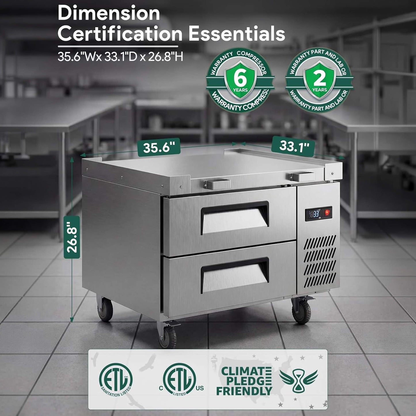 Commercial Double Drawer Undercounter Worktop Fridge with Chef Base and Wheels