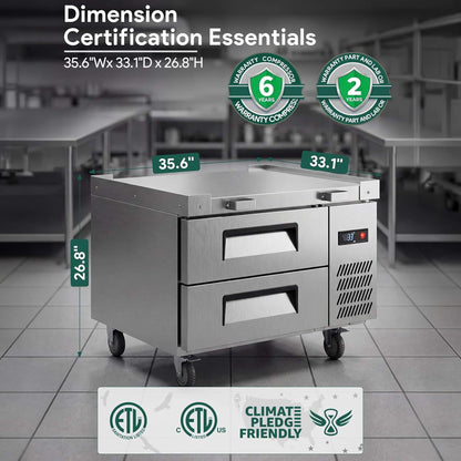 Commercial Double Drawer Undercounter Worktop Fridge with Chef Base and Wheels