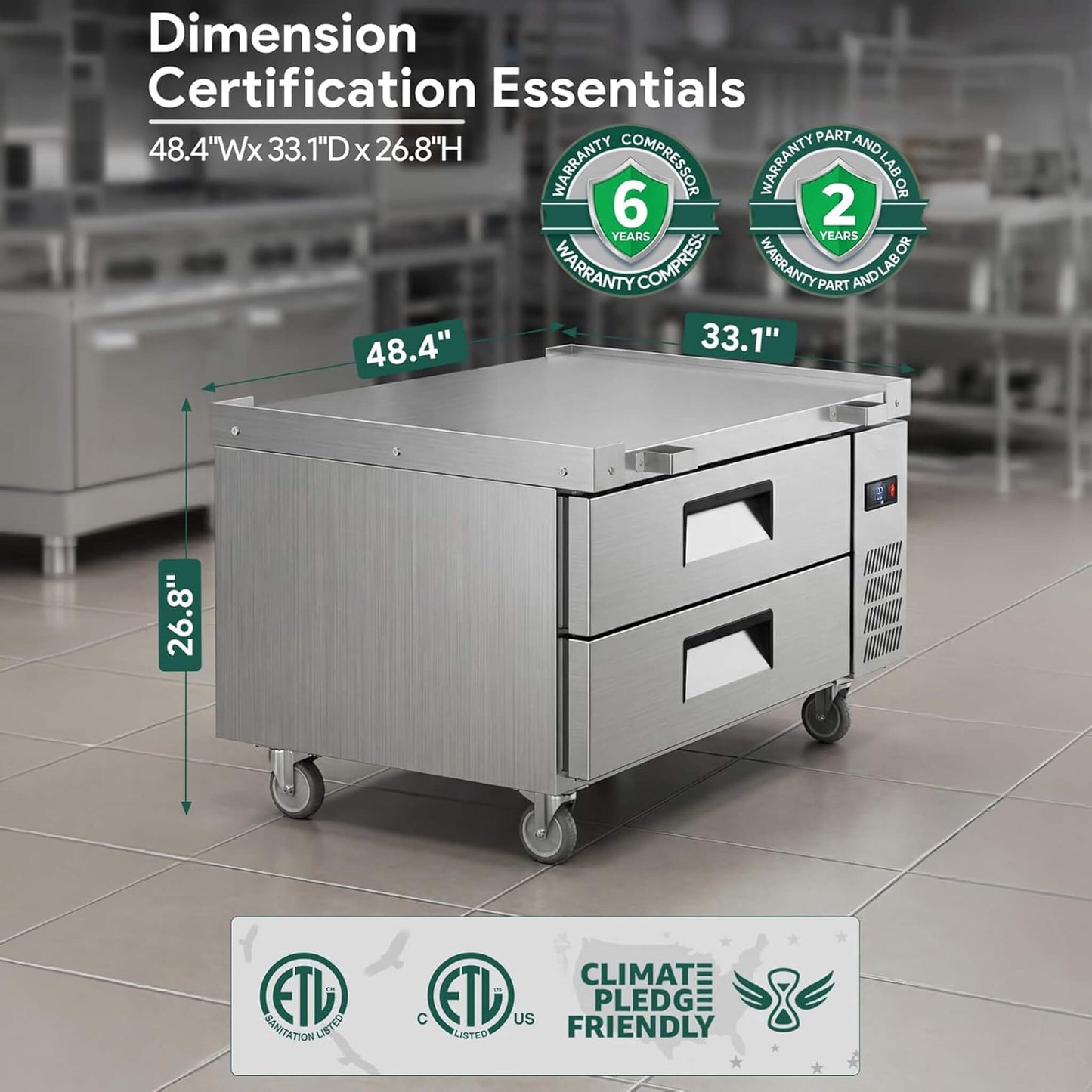 Commercial Double Drawer Undercounter Worktop Fridge with Chef Base and Wheels